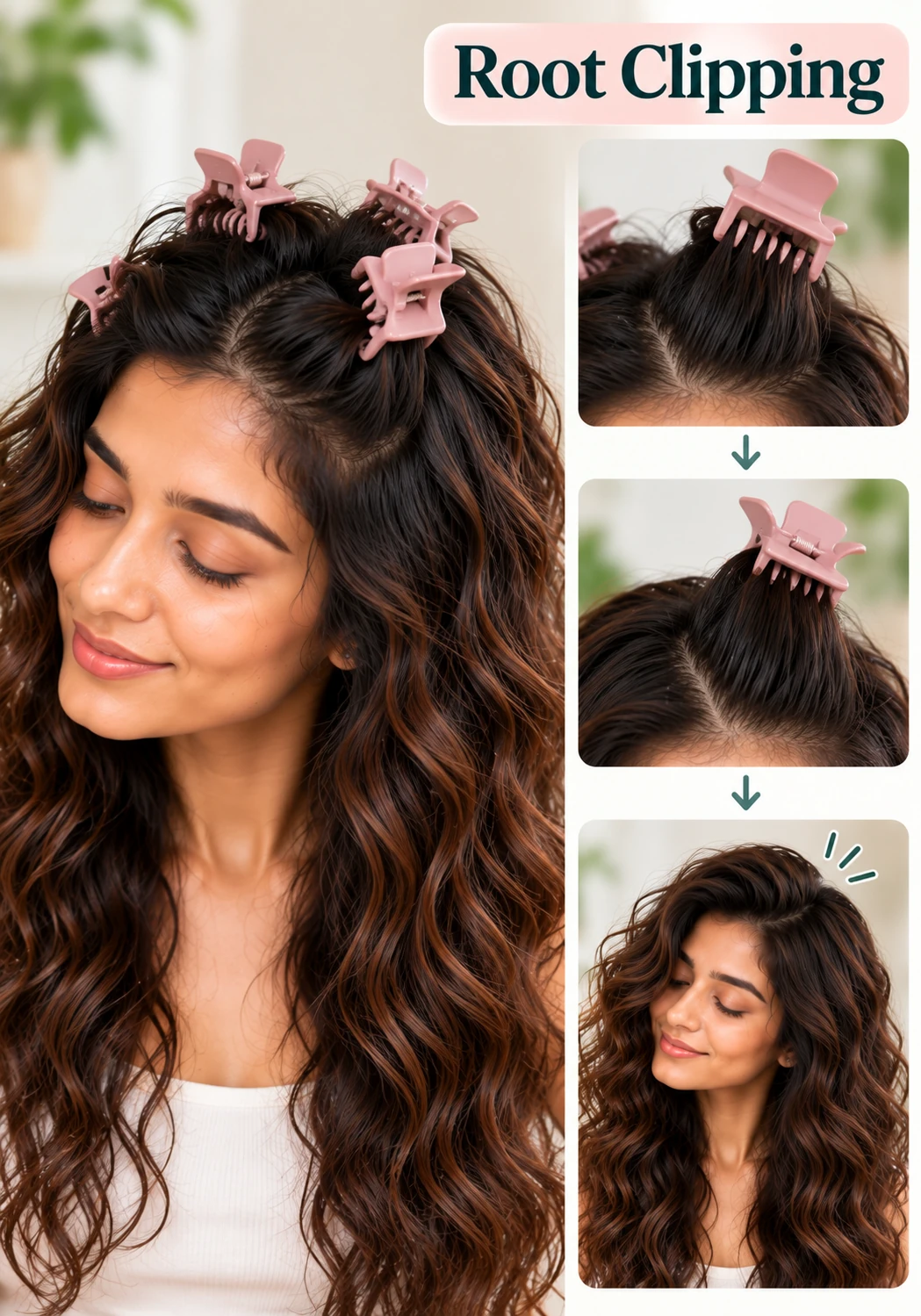 Root clipping technique for wavy hair showing hair clips placed at the roots to help create lifted, voluminous waves.