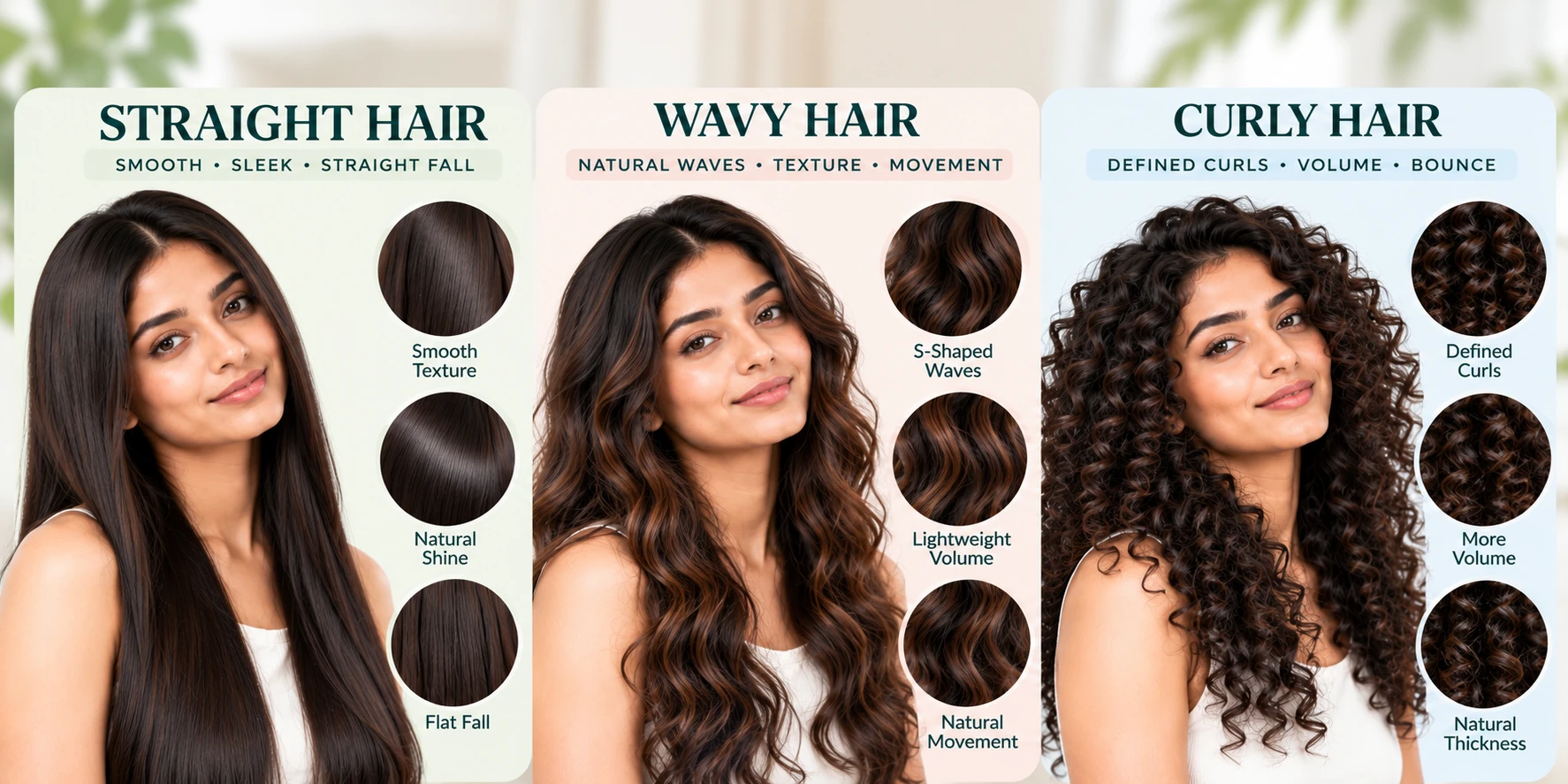 Straight, wavy and curly hair comparison showing smooth straight hair, S-shaped wavy hair and defined curly hair with texture and volume differences.