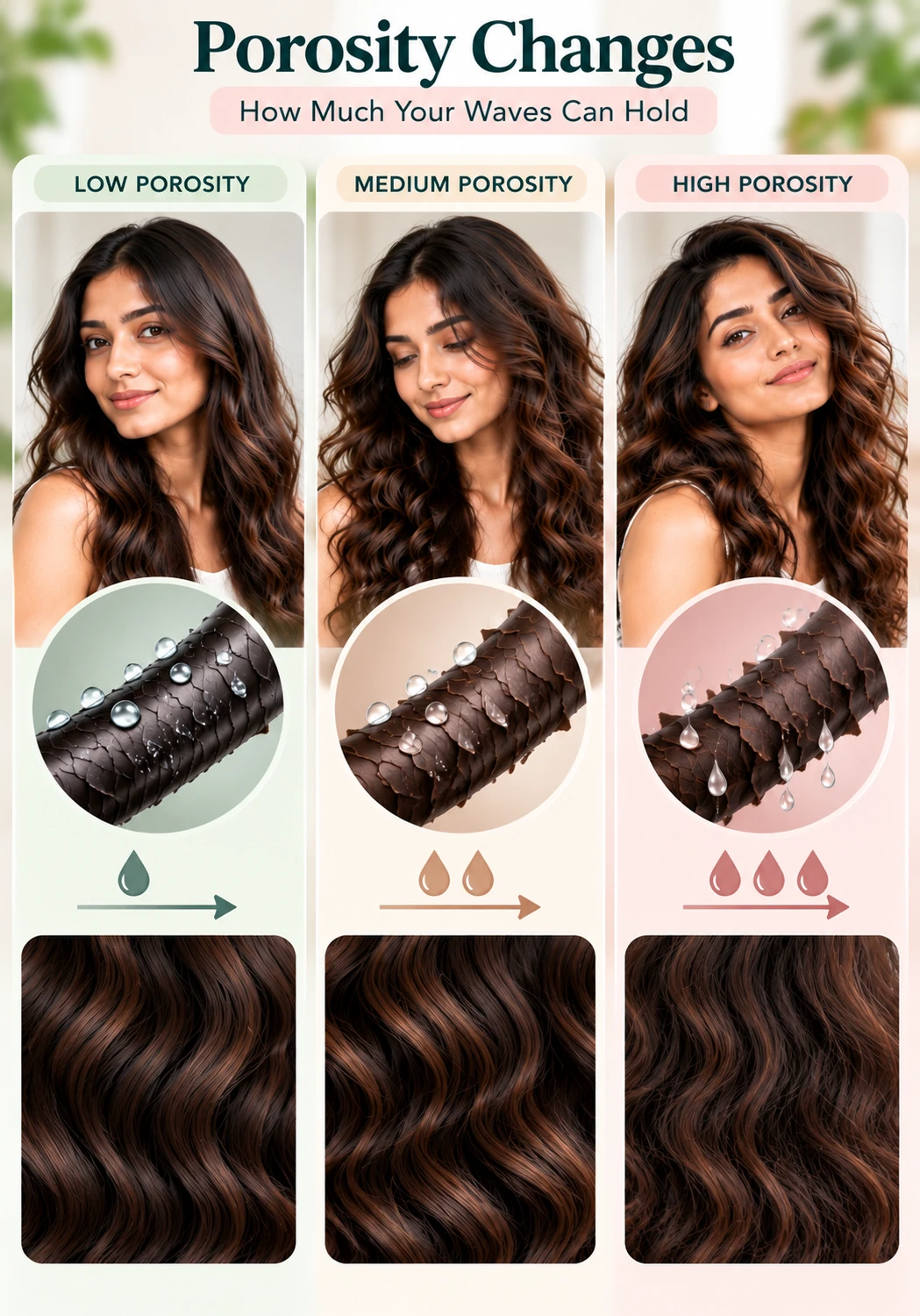 Wavy hair porosity comparison showing low, medium and high porosity with differences in hair cuticle structure and moisture absorption.