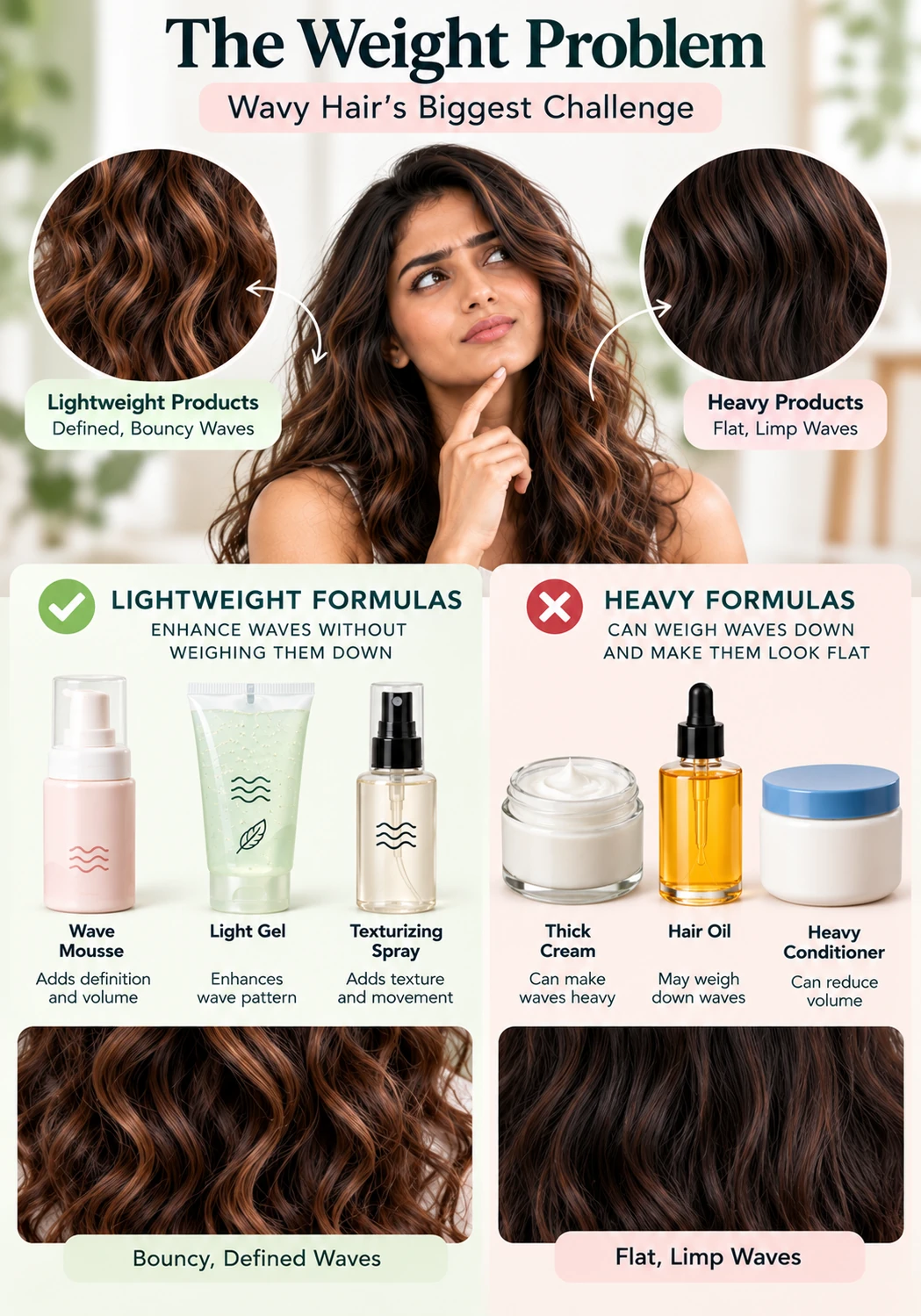 Wavy hair product weight test comparing lightweight wave mousse, light gel and texturizing spray with heavy cream, hair oil and conditioner.