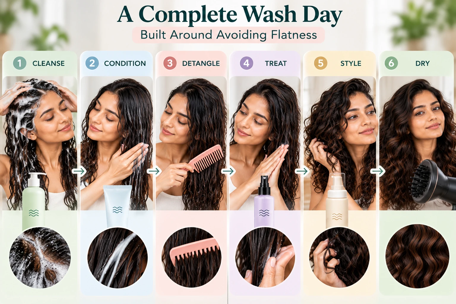 Wavy hair wash day sequence showing cleanse, condition, detangle, treat, style and diffuse steps to help maintain volume and defined waves.