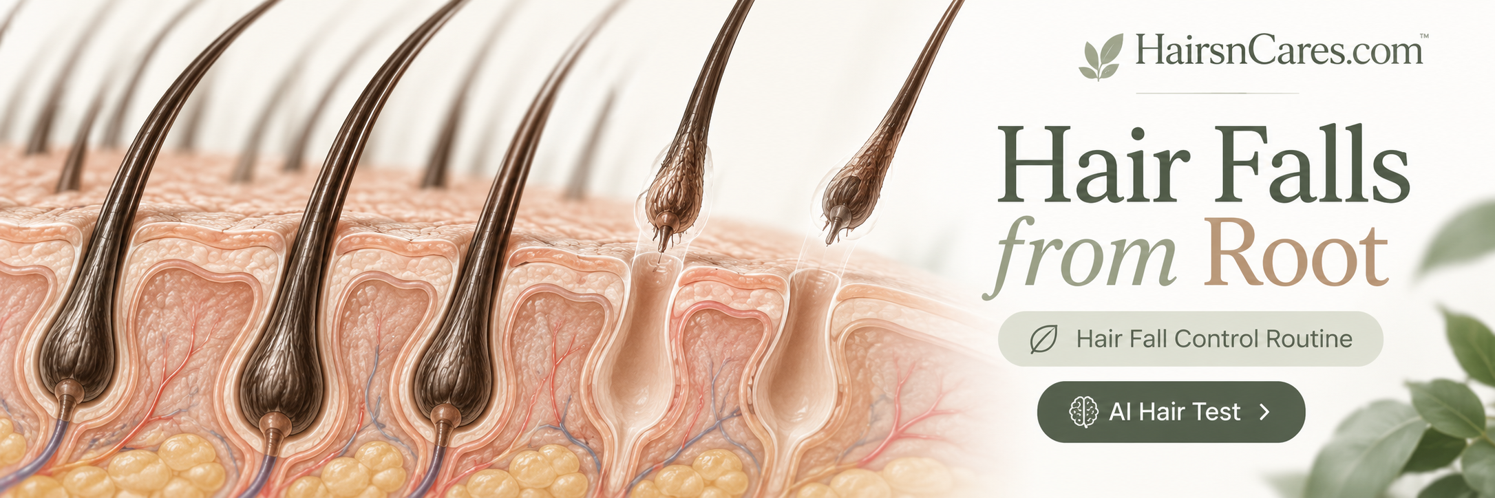 Hair falling from the root with visible follicle and root bulb