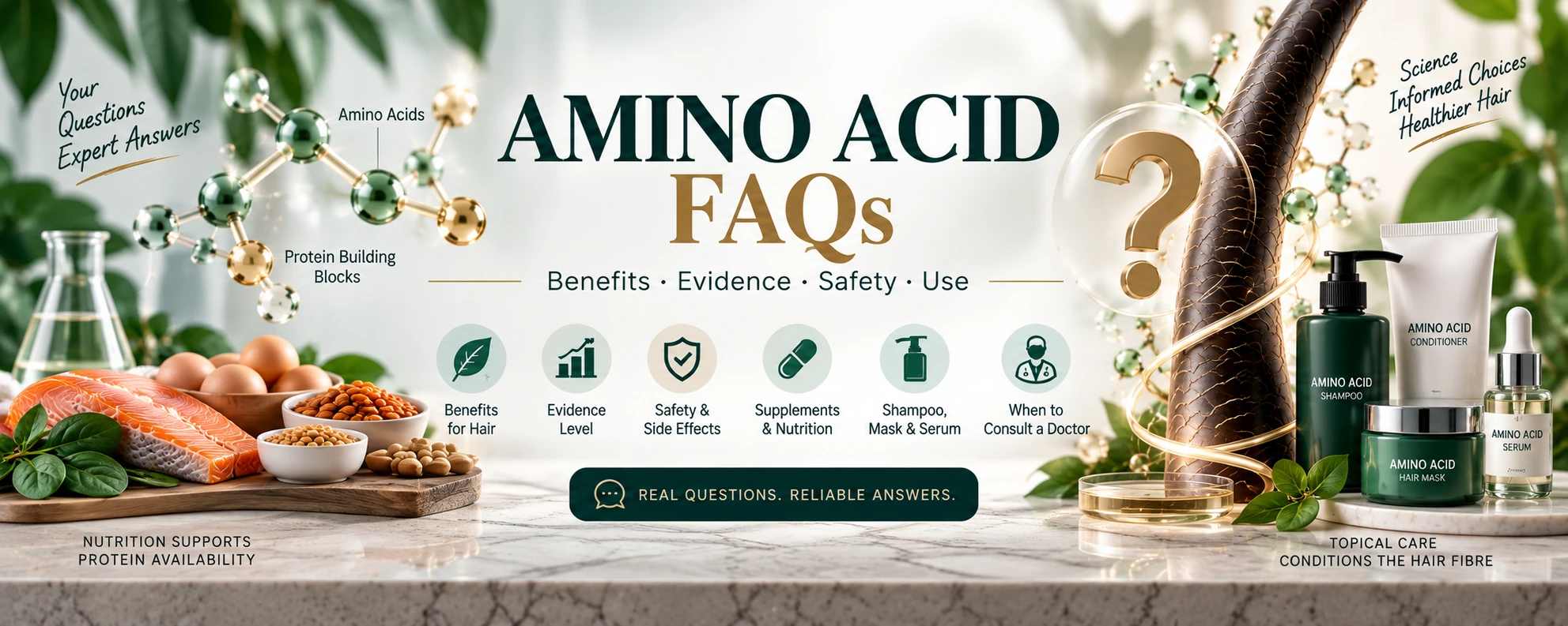 Amino acids for hair FAQ covering benefits, evidence, supplements, shampoo, hair masks, safety, side effects and topical use.
