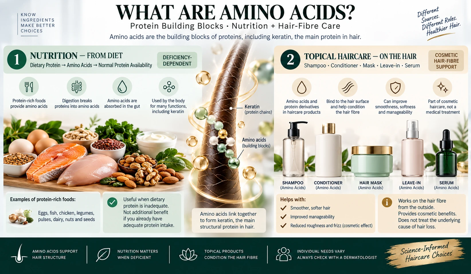 Amino acids for hair infographic explaining keratin building blocks, dietary protein and topical amino acid shampoo, conditioner, mask and serum.