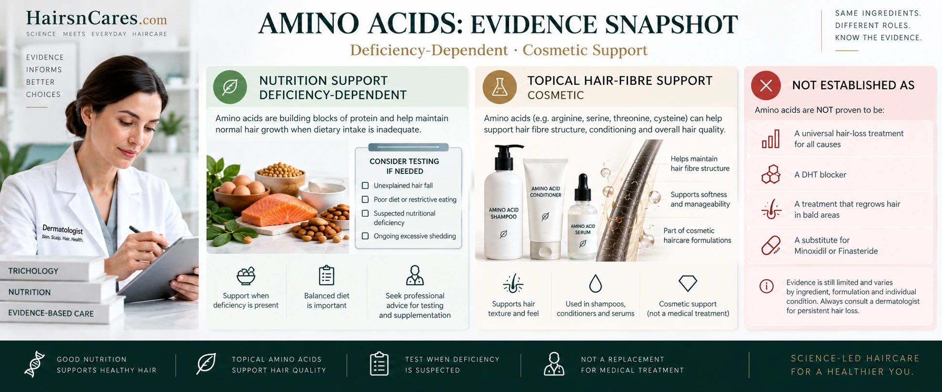Evidence snapshot for amino acids in haircare showing deficiency-dependent nutrition support, cosmetic hair-fibre benefits and limitations for treating medical hair loss.