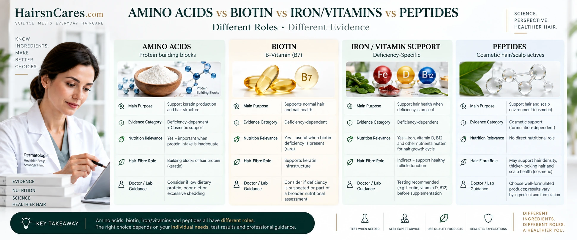 Amino acids vs biotin vs iron and vitamins vs peptides comparison showing differences in purpose, evidence, nutrition relevance, hair-fibre support and doctor or lab guidance.