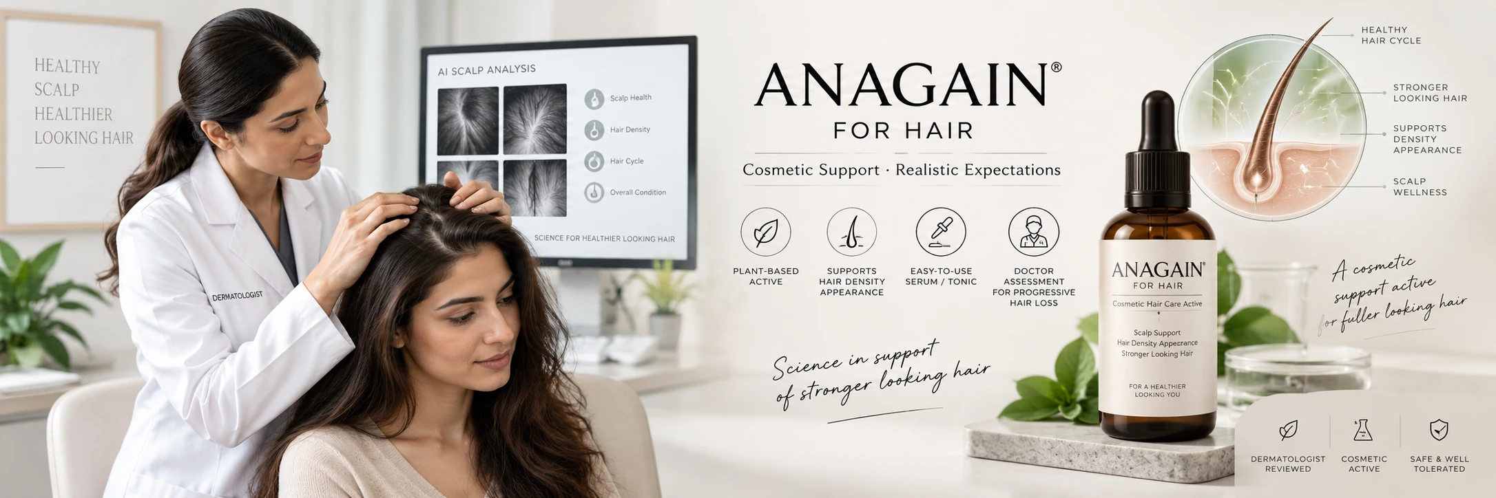Anagain Evidence Snapshot — Hair Growth Evidence & Effectiveness Anagain evidence infographic explaining limited formula-dependent cosmetic evidence, potential hair-density support and differences from medical hair-loss treatments.