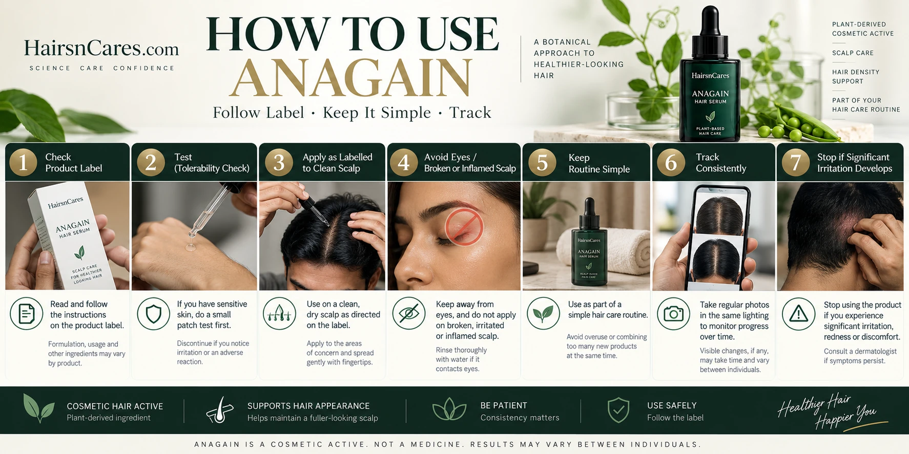 How to Use Anagain Hair Serum — Application & Safety Guide How to use Anagain hair serum safely with illustrated steps for label directions, tolerability check, scalp application, irritation precautions and progress tracking.