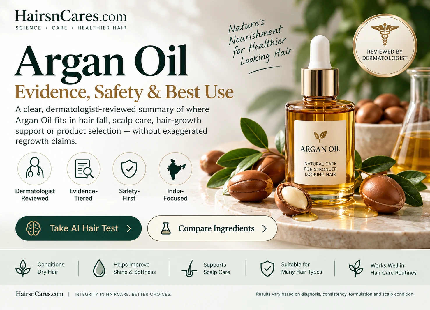 Argan oil for hair dermatologist-reviewed guide covering evidence, safety, dry hair, shine, softness, scalp care and realistic hair-growth expectations.
