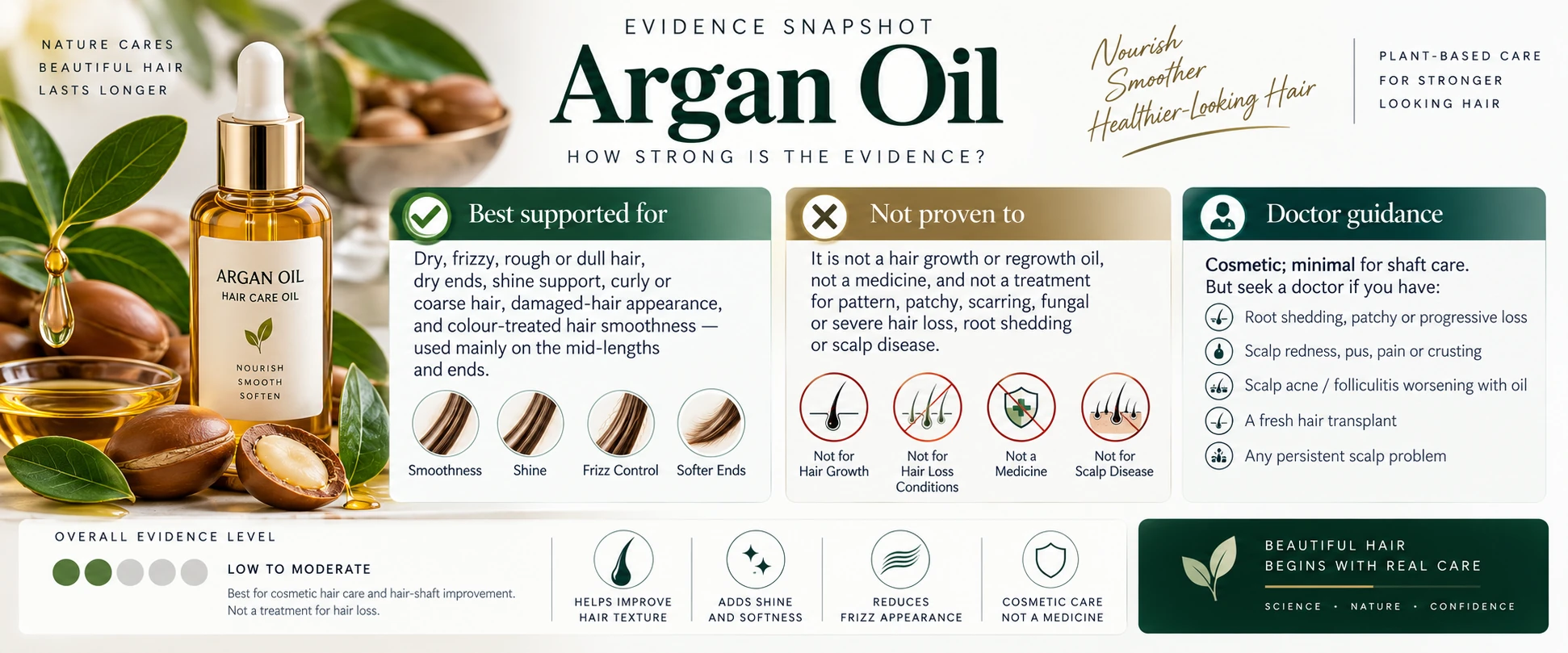 Argan Oil for Hair — Evidence, Benefits & Limitations Evidence level snapshot for Argan Oil in haircare showing cosmetic support for dry, frizzy and damaged-looking hair, limitations for hair growth and when doctor guidance is needed.