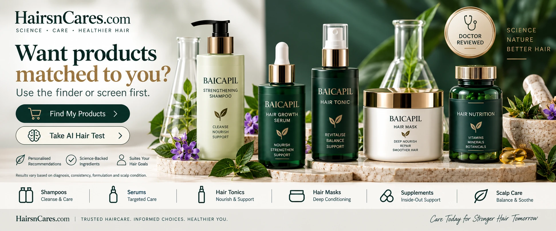 Doctor-reviewed product categories related to Baicapil including hair serums, tonics, shampoos, masks, supplements and scalp care.