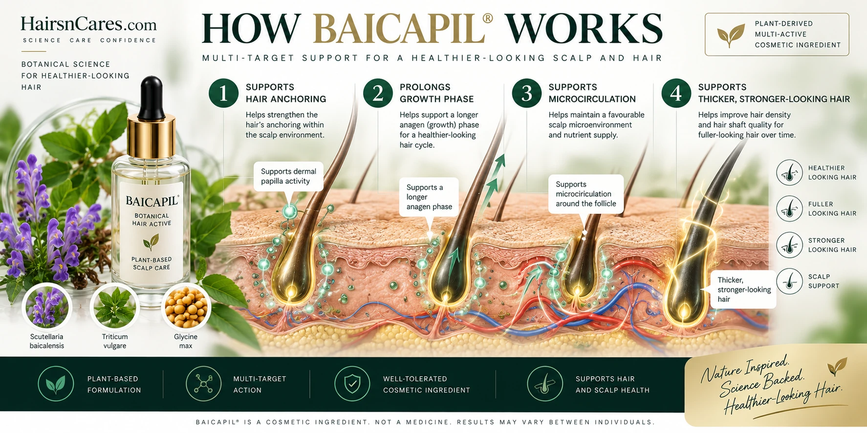 How Baicapil works on hair and scalp, illustrated with botanical ingredients, scalp follicles and cosmetic hair-support mechanisms.