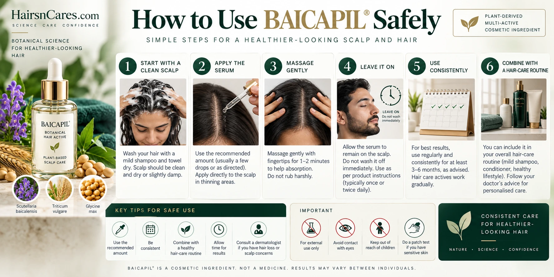 How to use Baicapil safely, step by step, including scalp preparation, serum application, gentle use, consistency and cosmetic haircare safety.