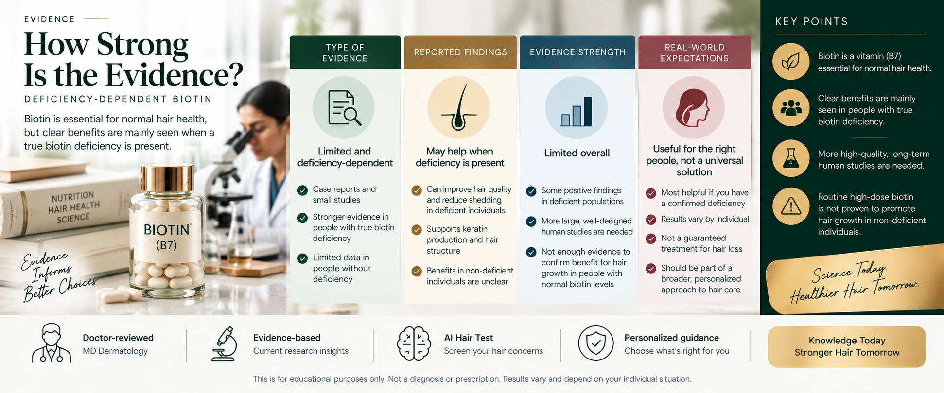 Biotin for Hair Growth Evidence — Deficiency, Studies & Effectiveness Evidence level snapshot for Biotin in haircare