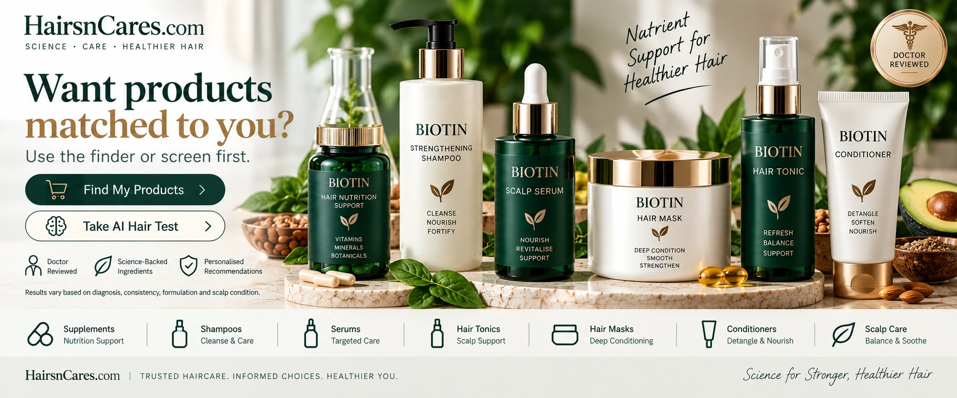 Biotin Products — Supplements, Serums & Related Haircare Doctor-reviewed product categories related to Biotin including hair supplements, shampoos, serums, tonics, masks, conditioners and scalp care.