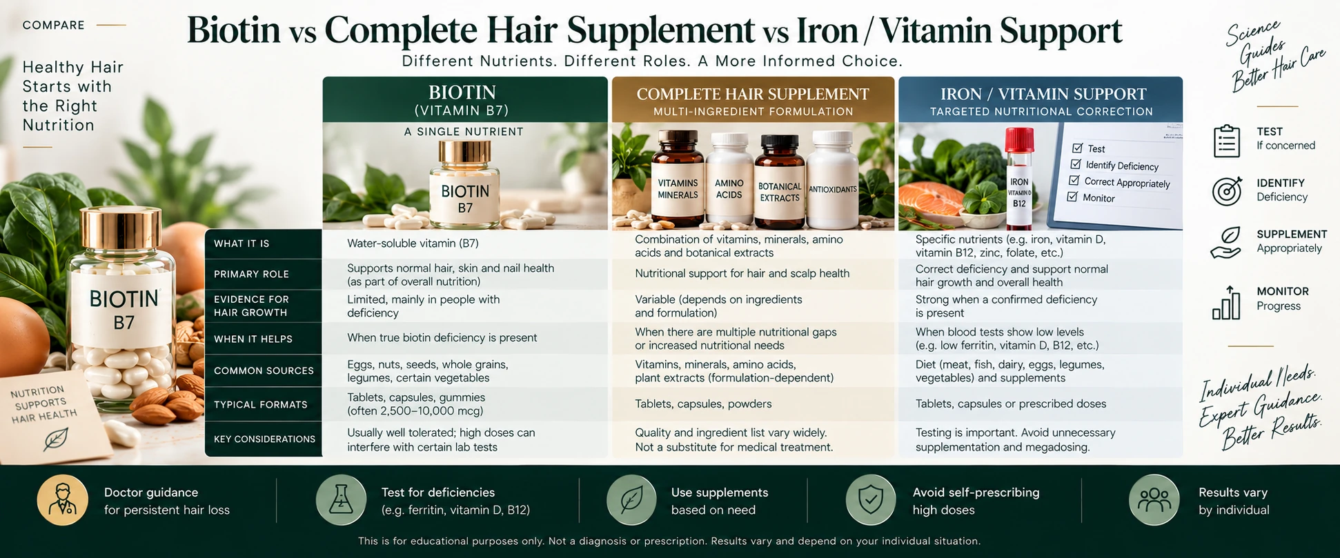 Biotin vs Complete Hair Supplement vs Iron & Vitamin Support Biotin compared with related options