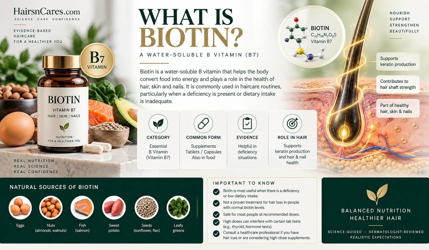 What Is Biotin? Vitamin B7 for Hair — Ingredient & Evidence Guide Biotin ingredient overview for haircare, dermatologist-reviewed, showing vitamin B7, dietary sources, supplements, hair relevance and evidence limitations.