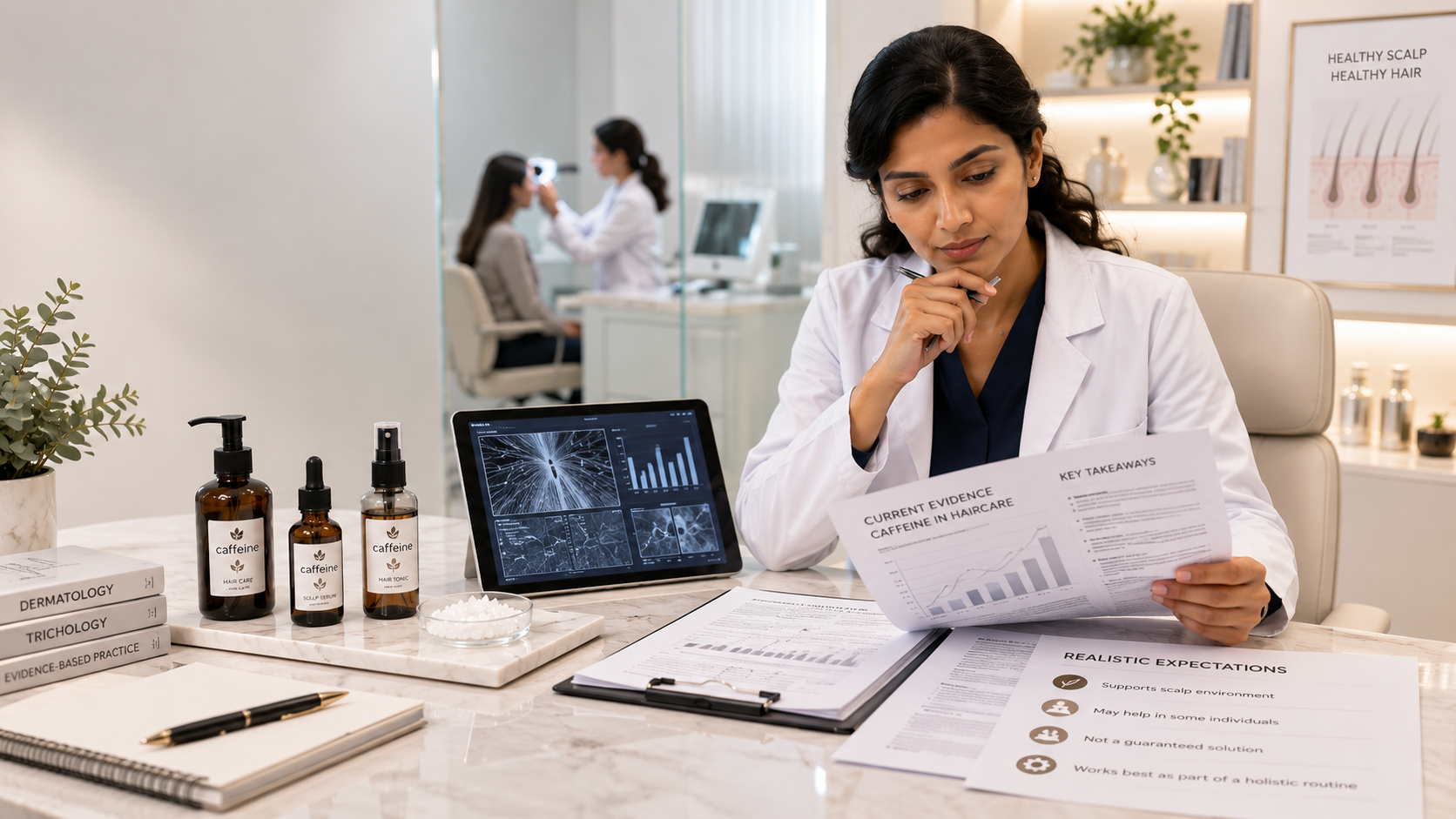 Evidence for Caffeine in Haircare Dermatologist reviewing limited evidence for caffeine haircare products