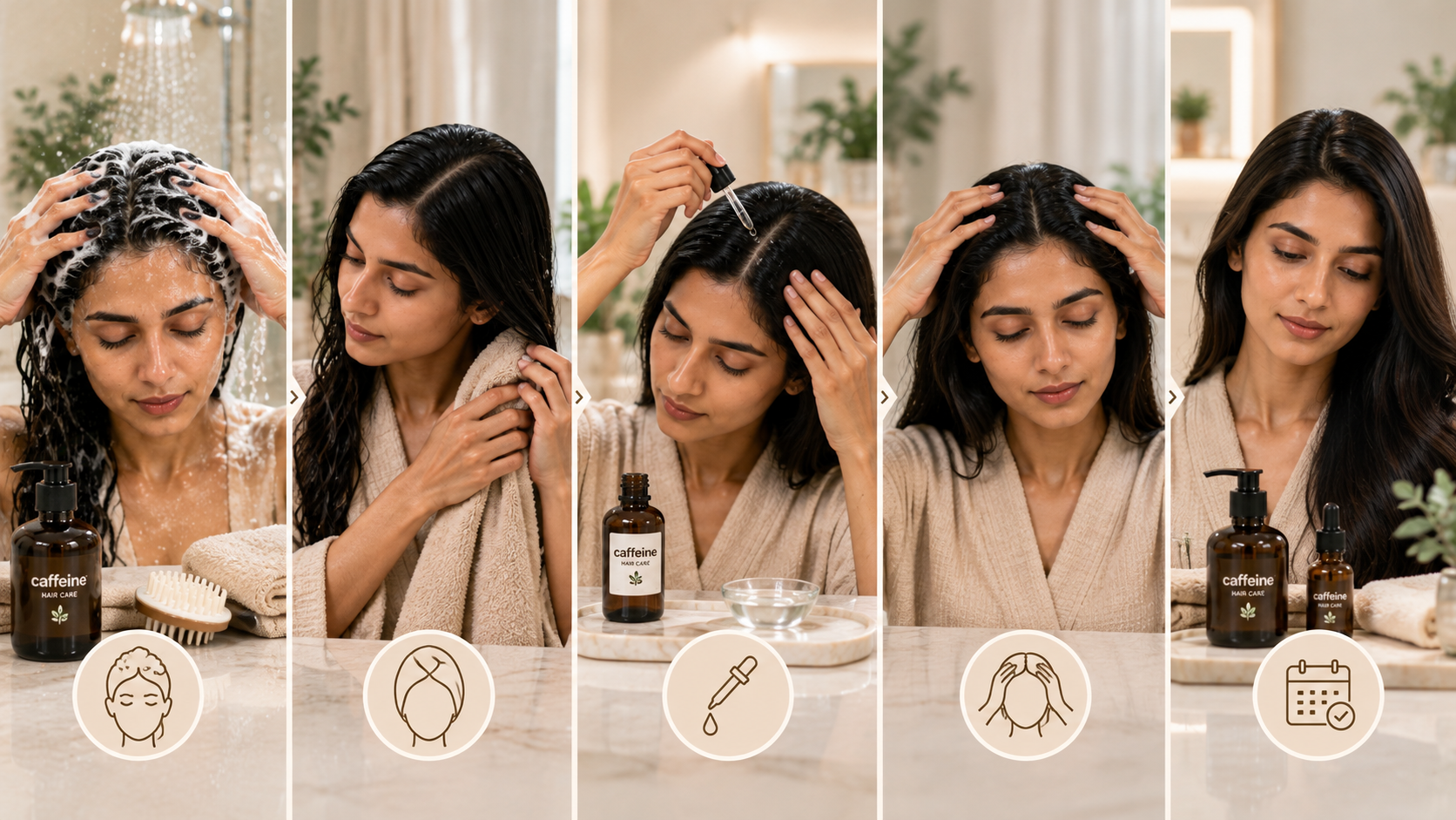 How to Use Caffeine Haircare Safely Caffeine shampoo and scalp serum shown with safe topical application techniques