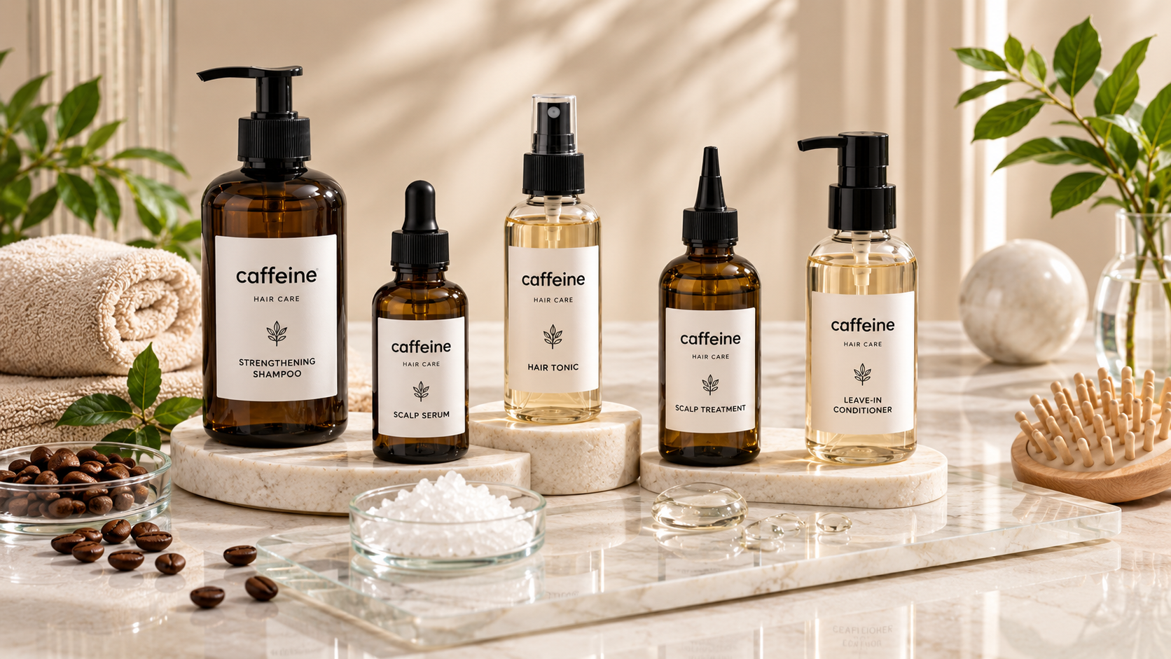 Caffeine Shampoo Serum and Hair Tonic Formats Unbranded caffeine shampoo scalp serum and hair tonic product formats