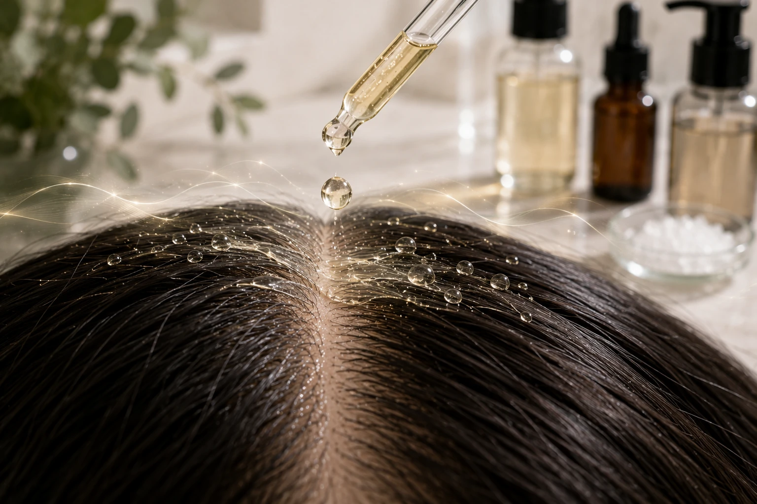 How Topical Caffeine Fits Into Haircare Topical caffeine serum applied to a healthy scalp as part of a cosmetic haircare routine