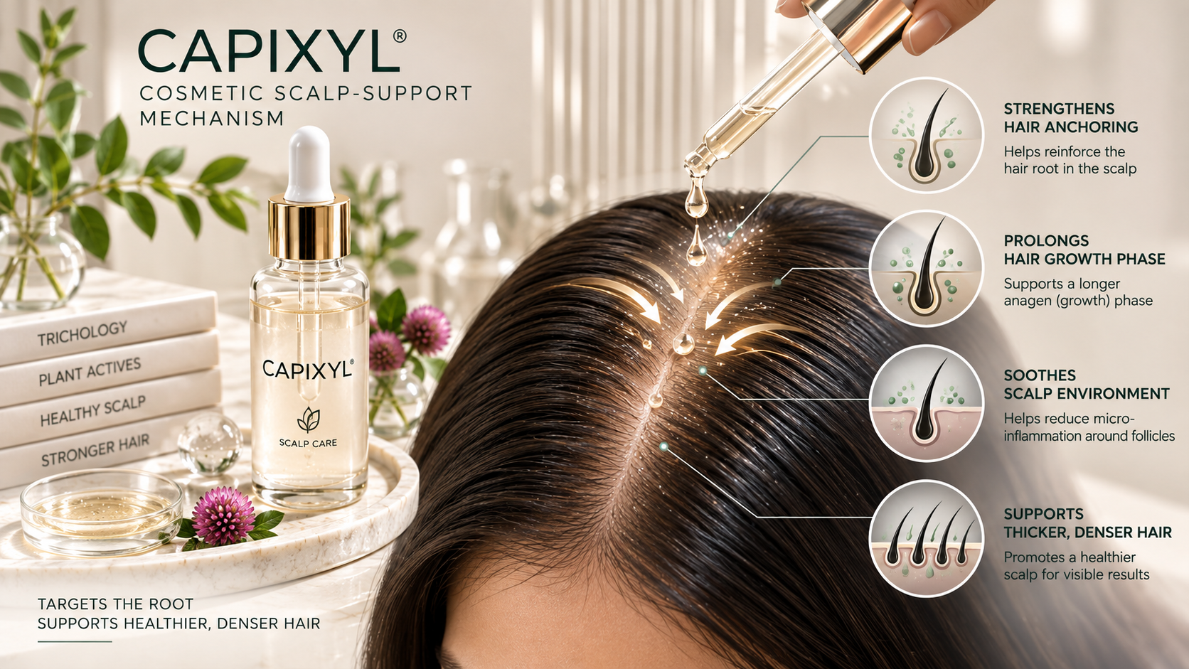 How Capixyl Fits Into Haircare Capixyl serum applied to the scalp as part of a cosmetic hair-density support routine