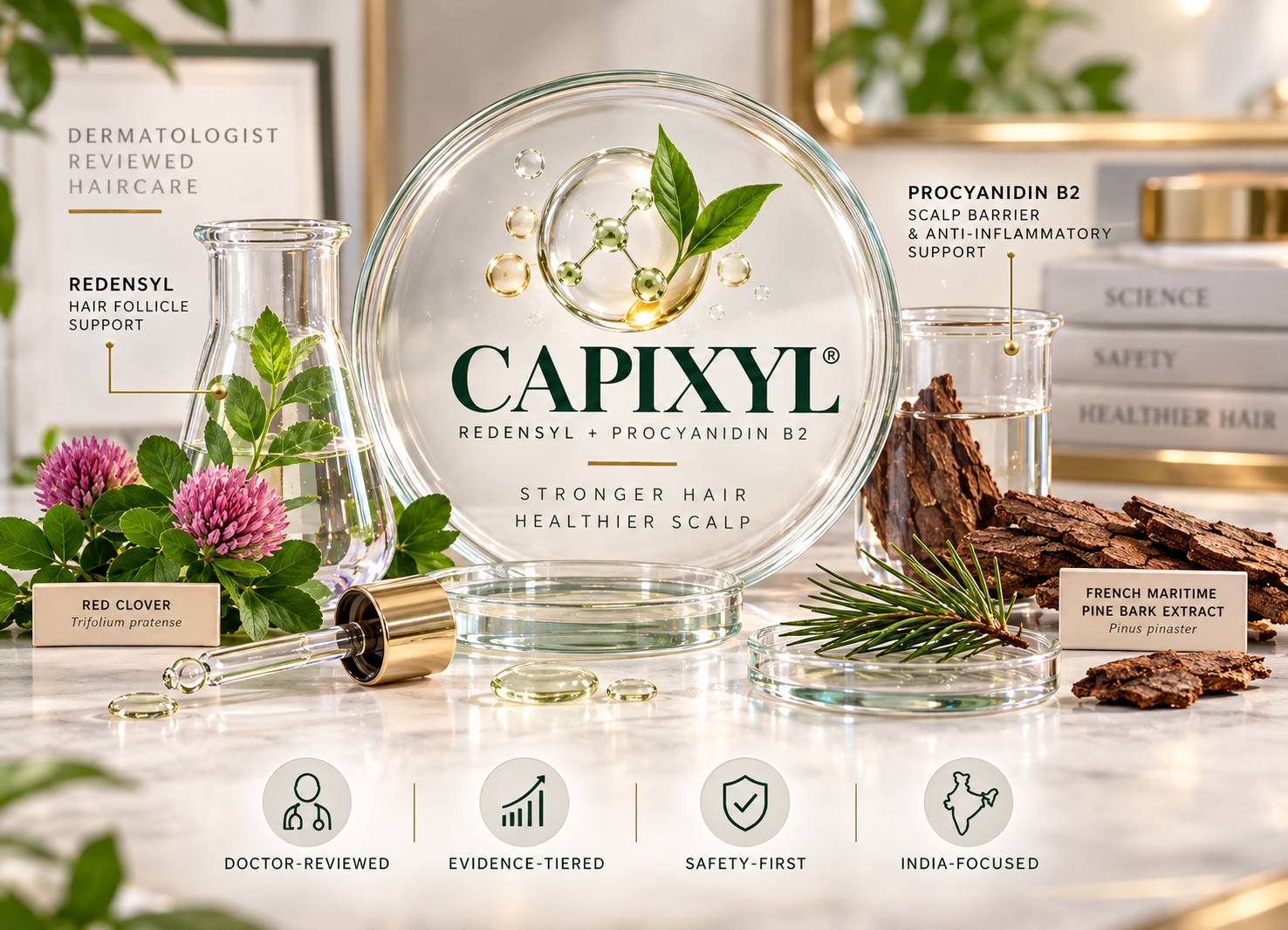 Capixyl haircare ingredient visual for dermatologist-reviewed evidence safety and hair growth support