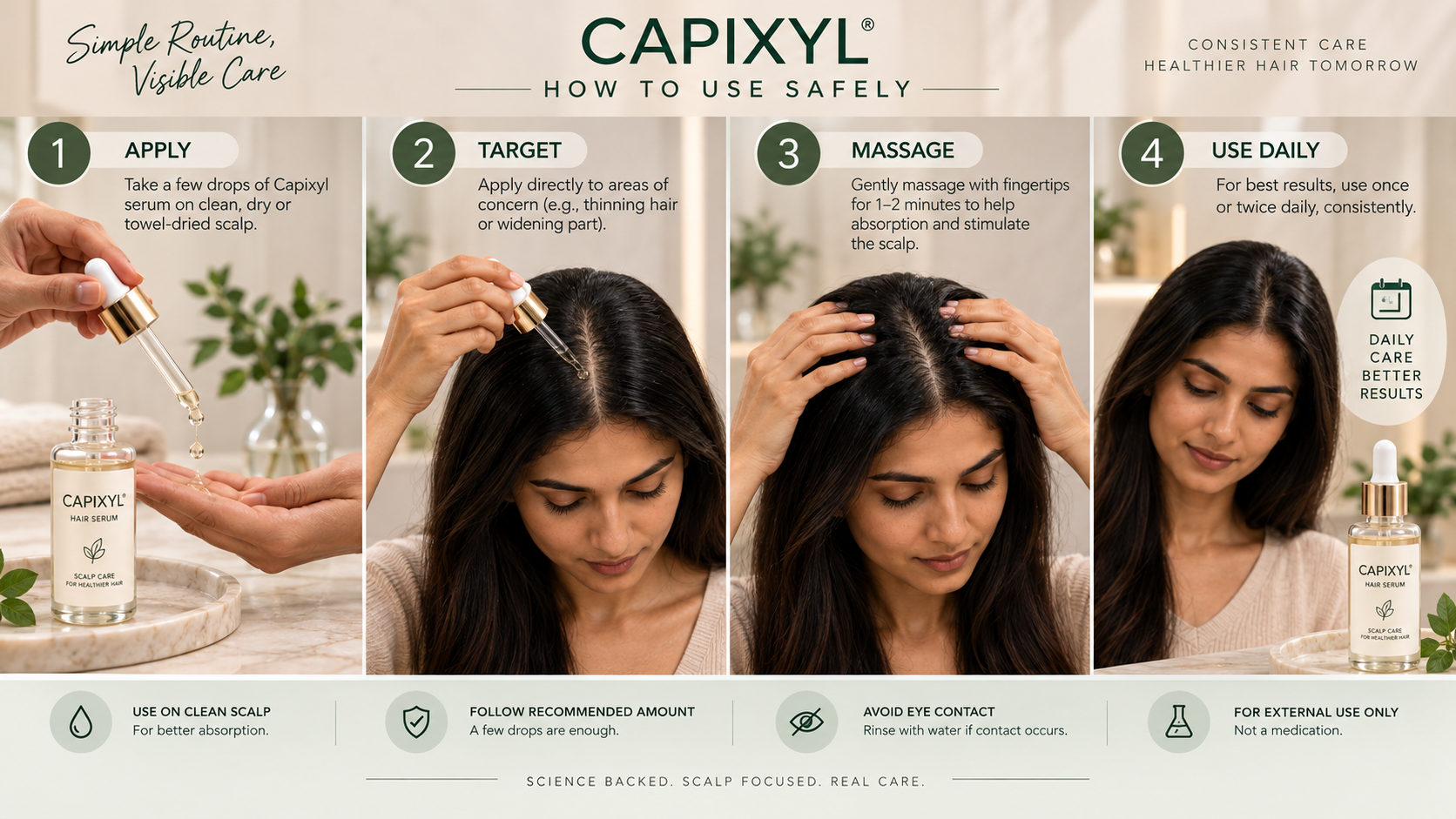 How to Use Capixyl Serum Safely Capixyl scalp serum shown with patch testing and controlled leave-on application