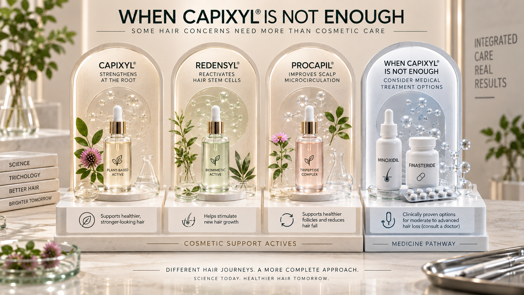 Capixyl vs Redensyl vs Procapil vs Minoxidil Capixyl Redensyl Procapil and Minoxidil shown as different cosmetic and medical hair-loss pathways