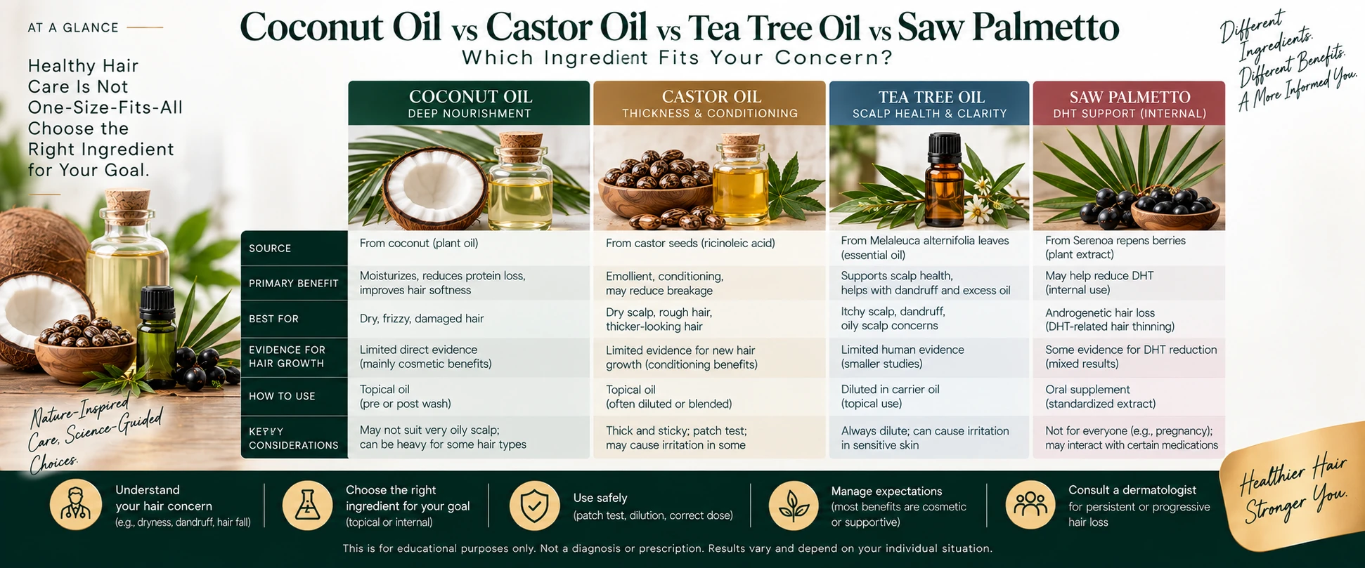 Coconut Oil vs Castor Oil vs Tea Tree Oil vs Saw Palmetto for Hair Castor Oil compared with related options