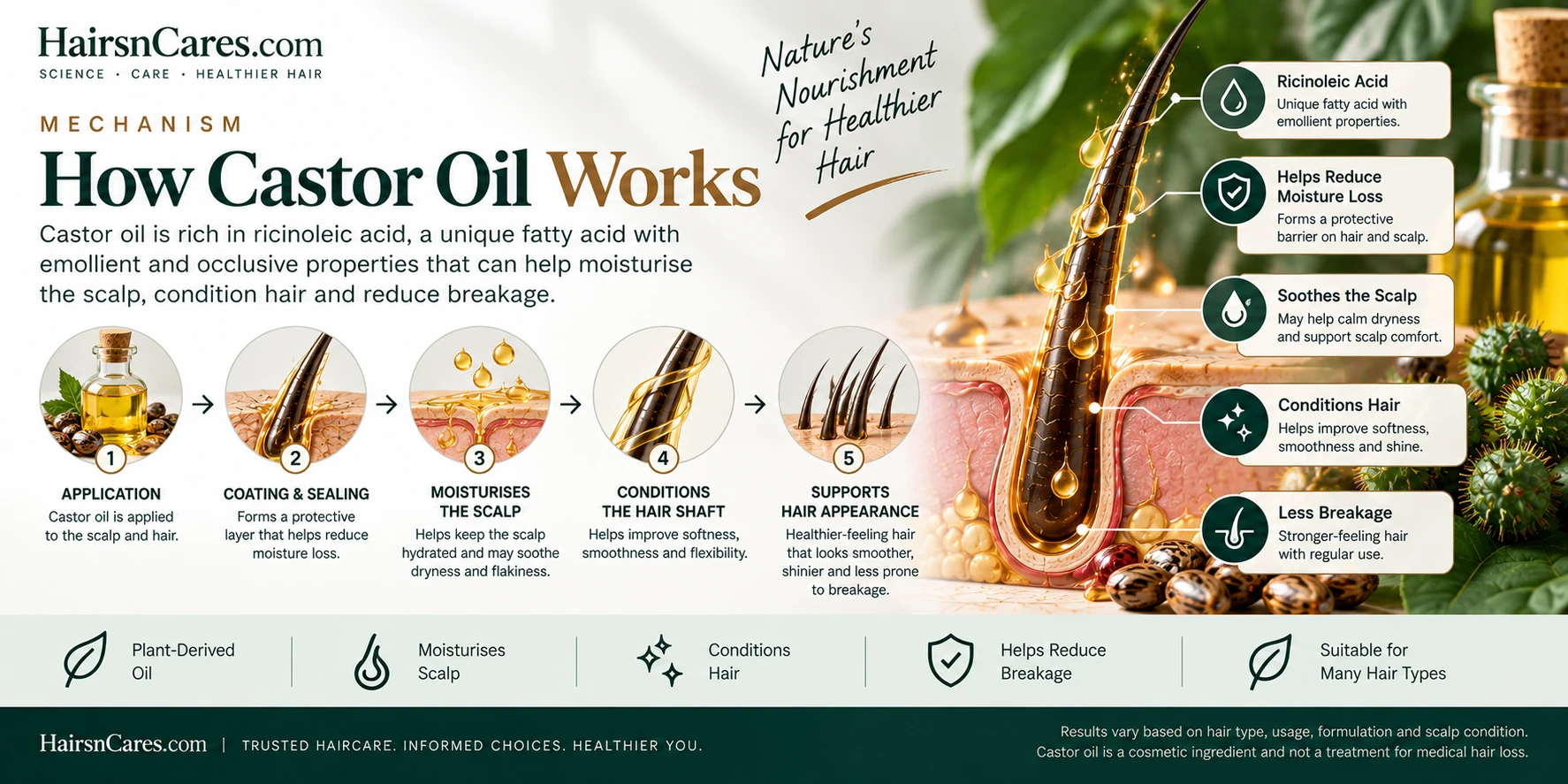 How Castor Oil Works for Hair & Scalp — Mechanism Explained How Castor Oil works on hair and scalp, illustrated with ricinoleic acid, moisture sealing, scalp conditioning, hair-shaft coating and breakage support.