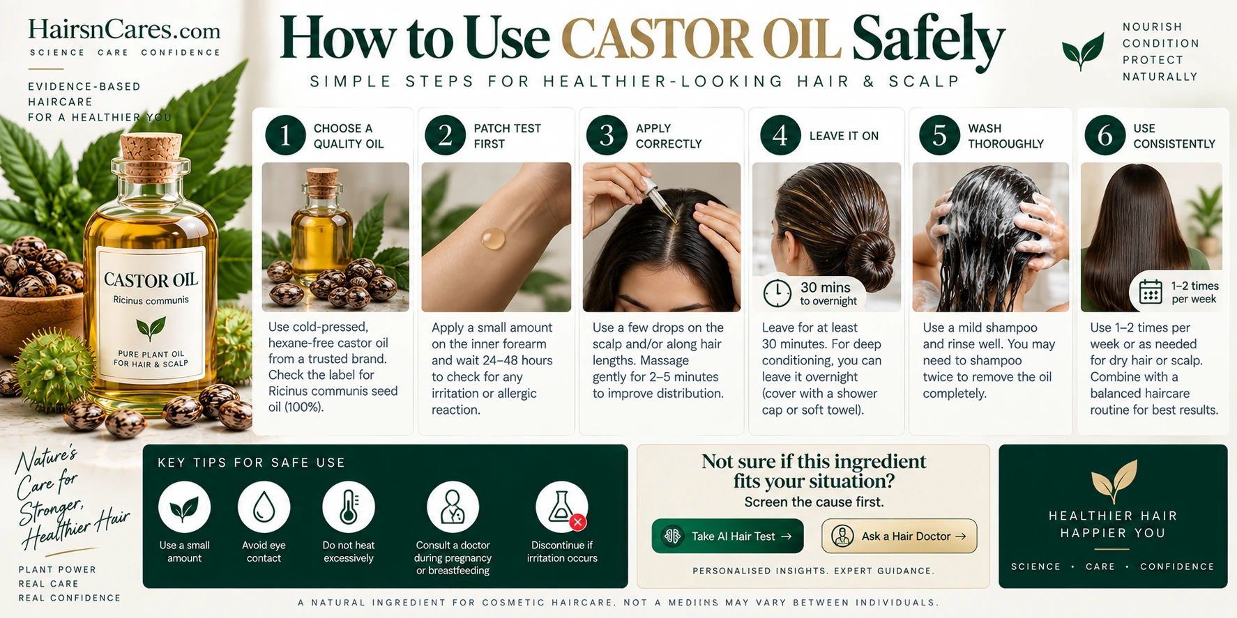 How to Use Castor Oil Safely — Hair & Scalp Application Guide How to use Castor Oil safely, step by step, including product selection, tolerability check, hair and scalp application, washing and irritation precautions.