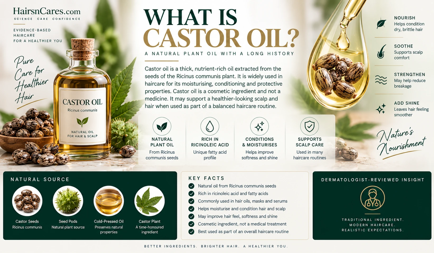 What Is Castor Oil? Haircare Ingredient, Benefits & Uses Castor Oil ingredient overview for haircare, dermatologist-reviewed, showing Ricinus communis seeds, ricinoleic acid, cosmetic hair conditioning and scalp-care uses.