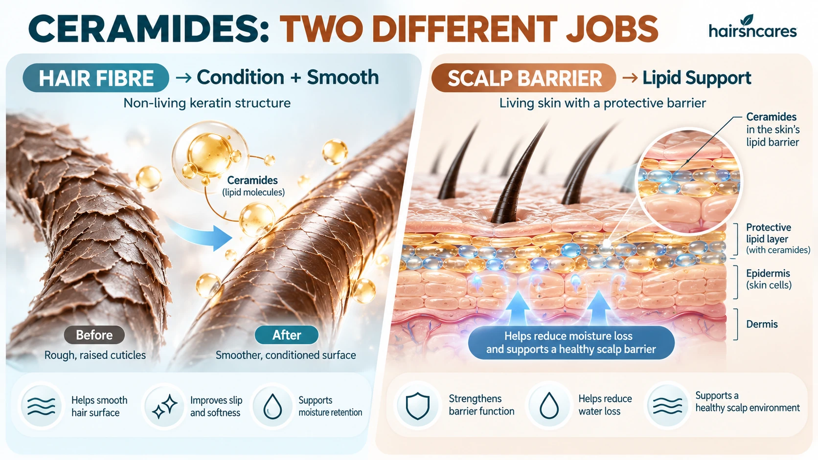 Ceramides for Hair – Hair Fibre Conditioning vs Scalp Barrier Support Ceramides for hair showing cosmetic conditioning of the hair fibre and lipid support for the scalp skin barrier