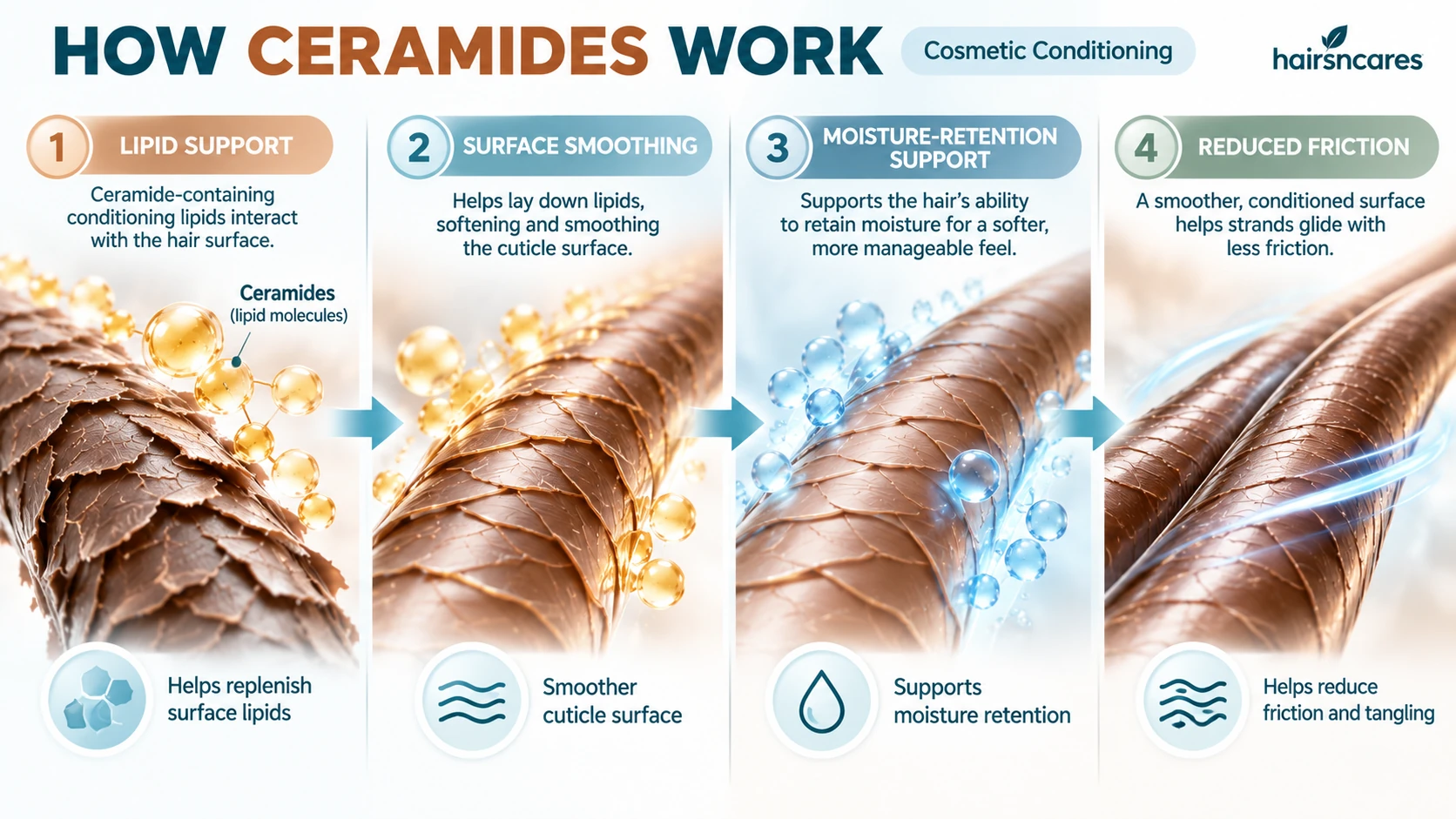 How Ceramides Work for Hair – 4-Stage Conditioning Mechanism How ceramides work for hair showing lipid support surface smoothing moisture retention and reduced friction along the hair cuticle