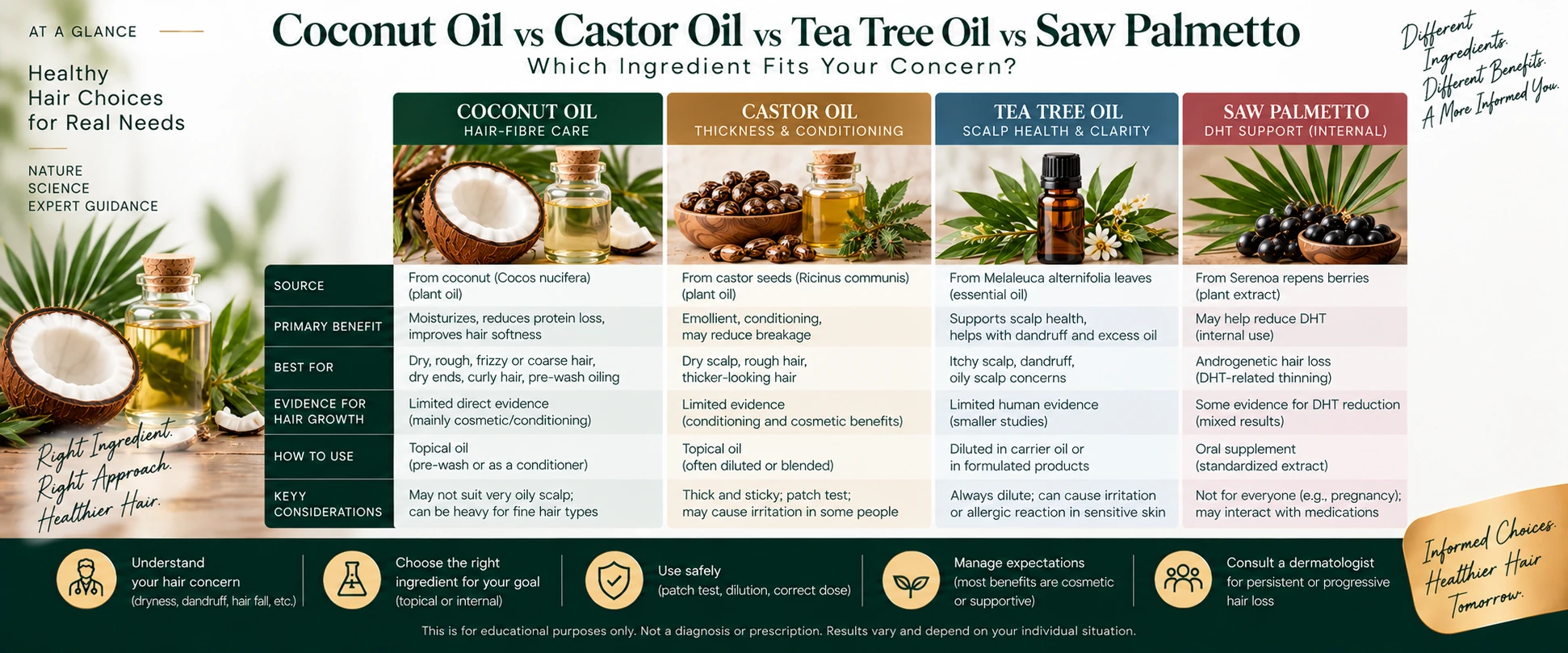 Coconut Oil vs Castor Oil vs Tea Tree Oil vs Saw Palmetto for Hair Coconut Oil compared with related options