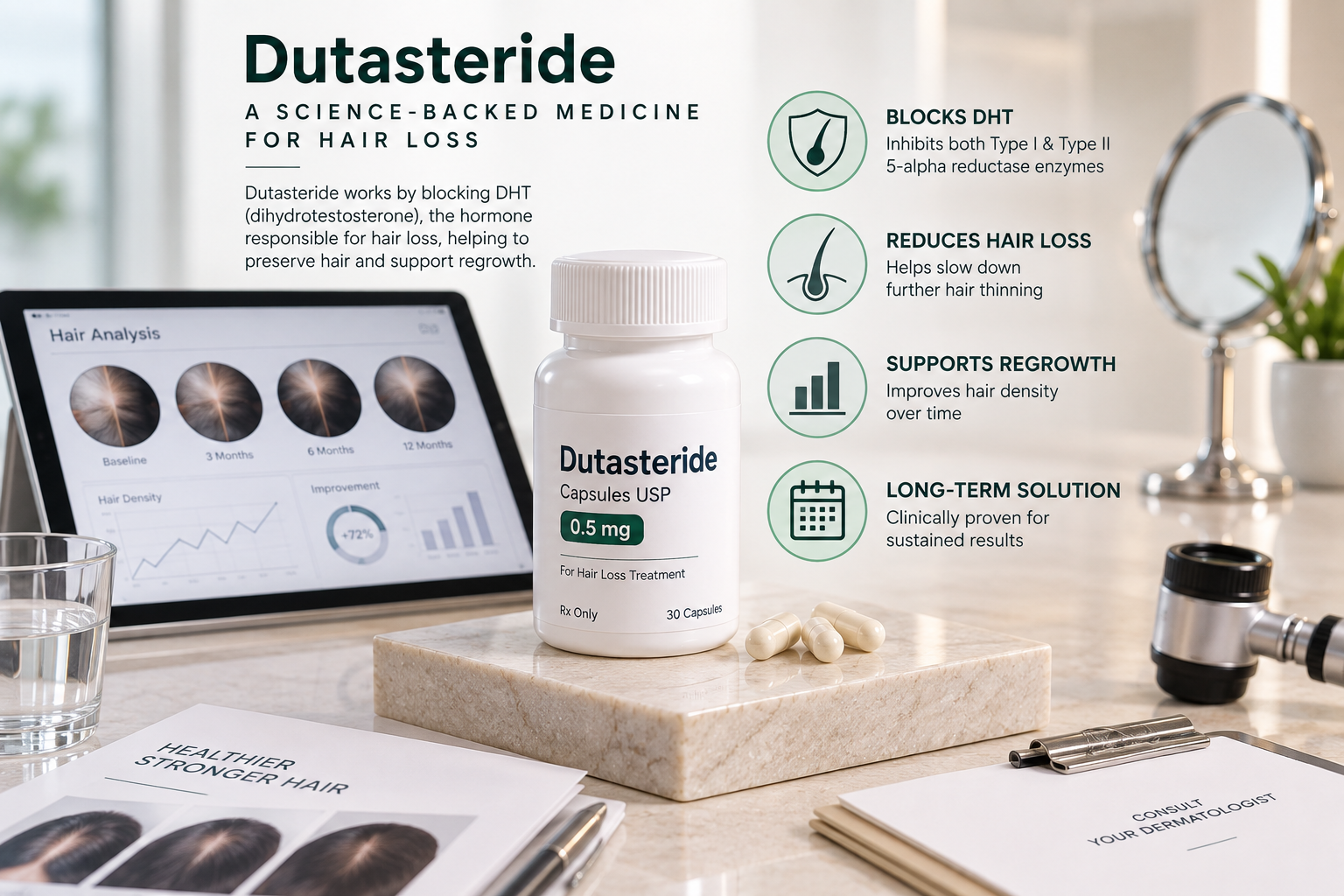 Dutasteride for Hair Loss: Ingredient Overview Dutasteride ingredient overview for male pattern hair loss with type I and type II DHT pathway illustration