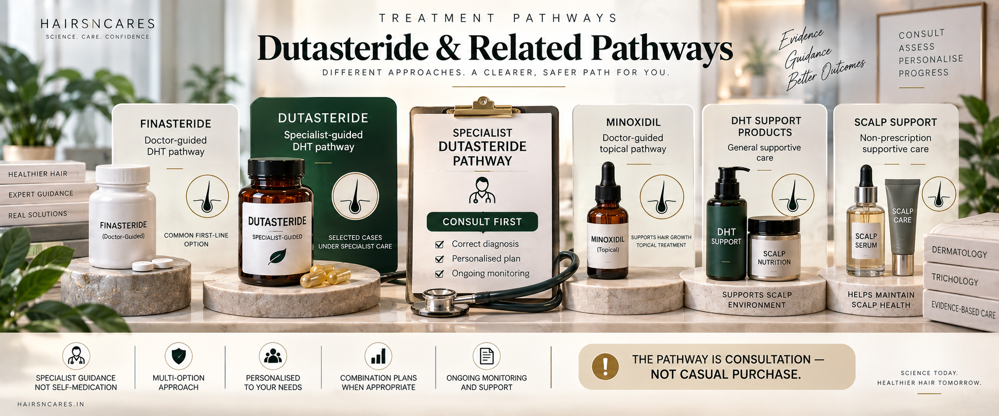 Dutasteride & Related Doctor-Guided Hair Loss Pathways Doctor-reviewed hair loss treatment pathways related to Dutasteride including Finasteride and Minoxidil
