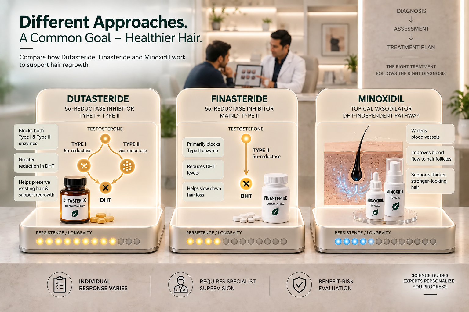 Dutasteride vs Finasteride vs Minoxidil for Hair Loss Dutasteride vs Finasteride vs Minoxidil comparison for male pattern hair loss treatment pathways