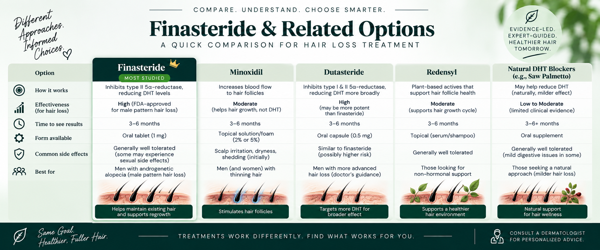 Finasteride vs Related Hair Loss Options Finasteride compared with related hair loss treatment options including minoxidil, dutasteride, Redensyl, and natural DHT blockers.