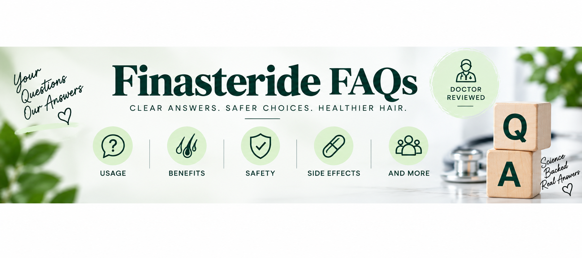 Finasteride FAQs Finasteride FAQs banner covering usage, benefits, safety, side effects, and common questions.