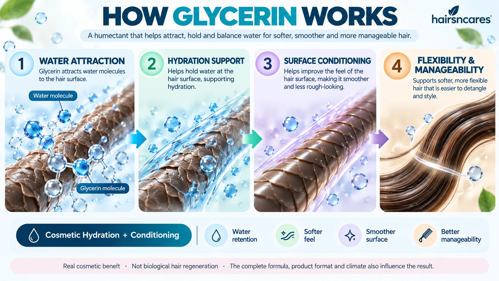 How glycerin works for hair through water attraction hydration support surface conditioning and improved flexibility and manageability