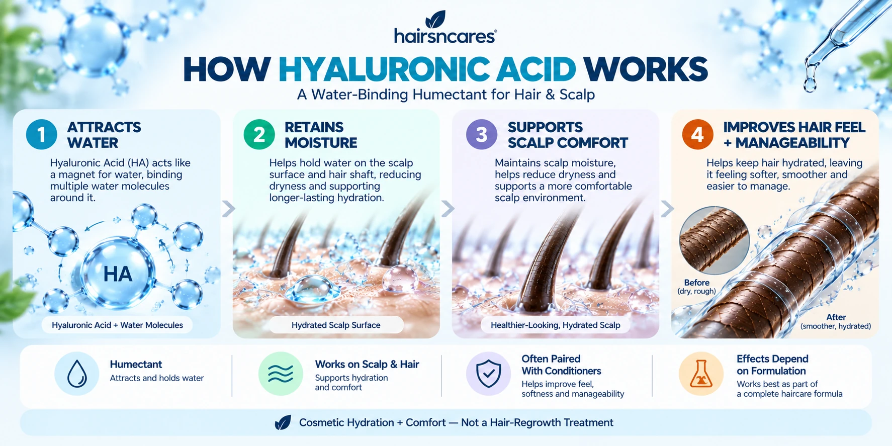 How Hyaluronic Acid Works for Hair & Scalp – Hydration Mechanism How hyaluronic acid works for hair and scalp through water attraction moisture retention scalp hydration and improved hair manageability