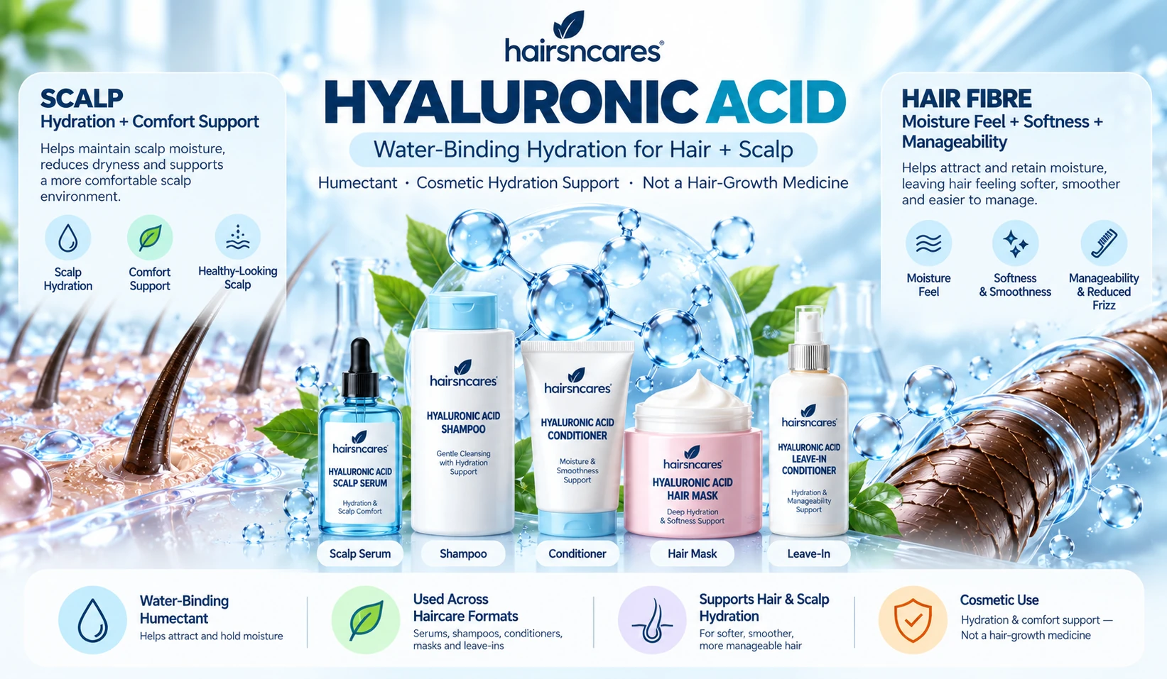 Hyaluronic Acid for Hair & Scalp – Hydration and Humectant Benefits Hyaluronic acid for hair and scalp showing water-binding hydration support for scalp comfort softness and hair manageability