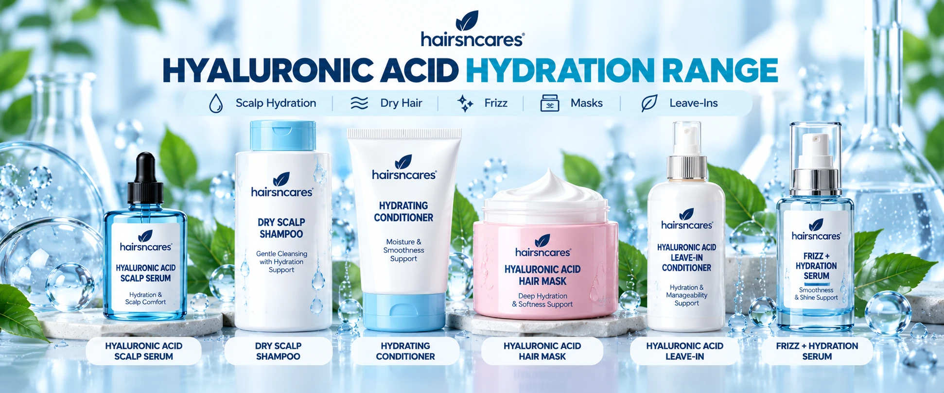 Hyaluronic Acid Hair & Scalp Products – Hydration Range Hyaluronic acid hair products including scalp serum dry scalp shampoo hydrating conditioner hair mask leave-in conditioner and frizz hydration serum
