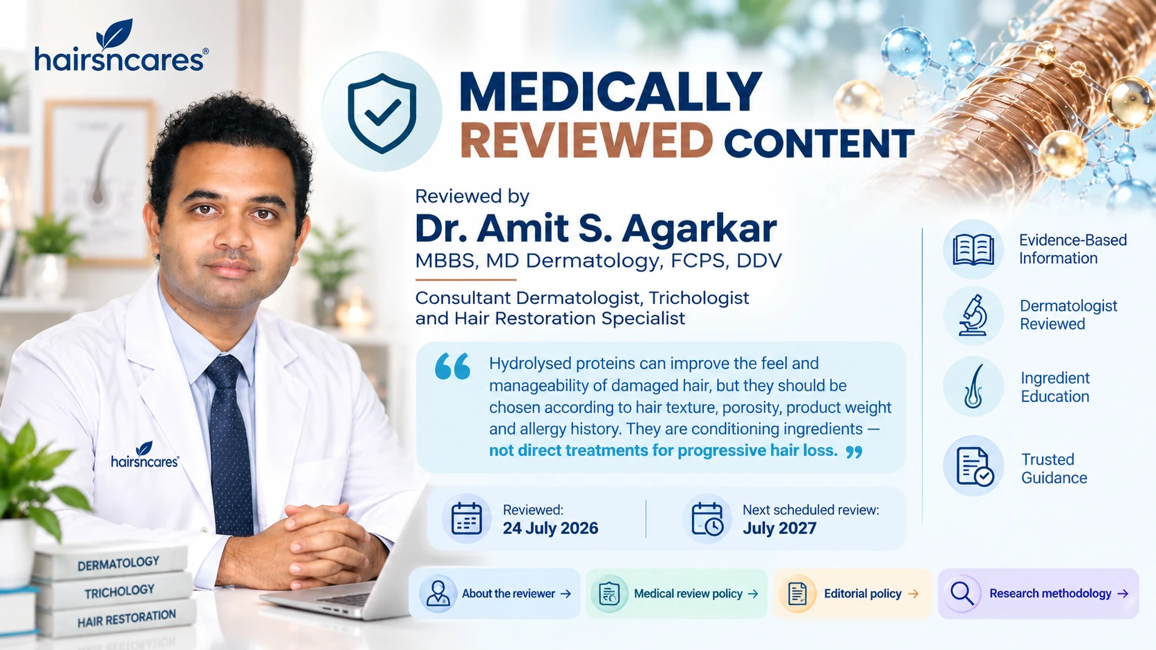 Dr. Amit S. Agarkar – Medical Reviewer for Hydrolysed Protein Haircare Guide Dr Amit S Agarkar dermatologist and trichologist medically reviewing HairsnCares guidance on hydrolysed protein for damaged hair