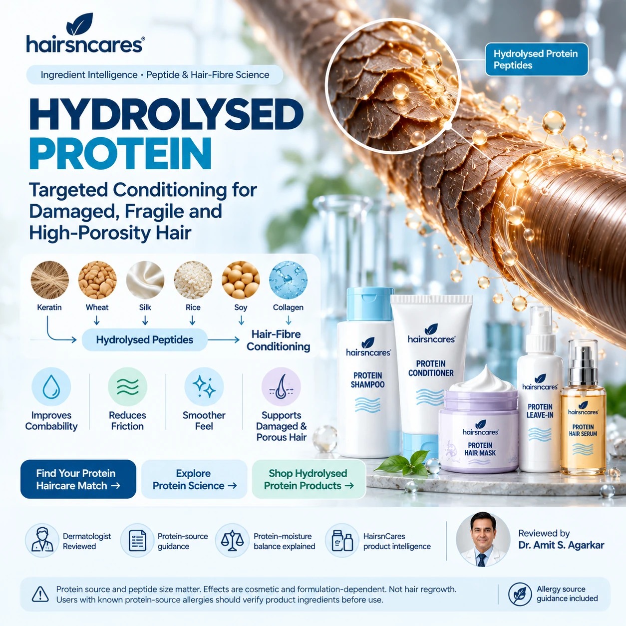 Hydrolysed Protein for Damaged, Fragile & High-Porosity Hair Hydrolysed protein for damaged fragile and high-porosity hair showing peptide fragments supporting temporary hair-fibre conditioning