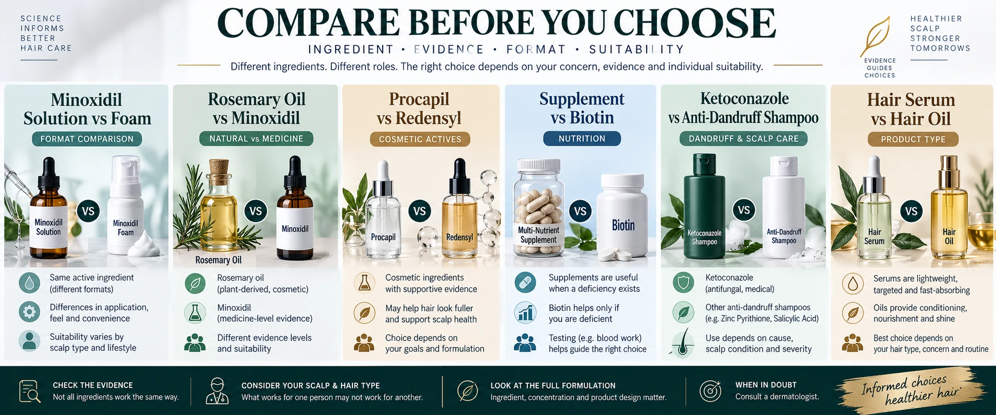 Haircare ingredient comparison of Minoxidil foam vs solution, rosemary oil vs Minoxidil, Procapil vs Redensyl, supplements vs biotin, ketoconazole shampoo and hair serum vs hair oil.