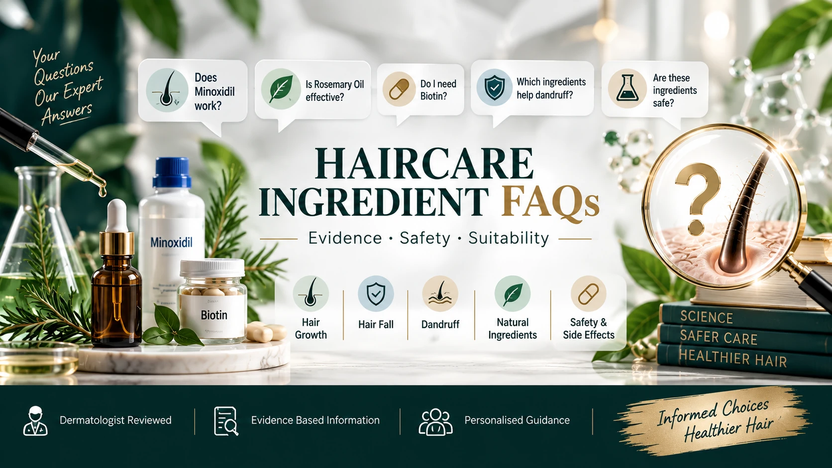Haircare ingredient FAQs covering Minoxidil, Biotin, rosemary oil, dandruff ingredients, hair growth evidence, safety and suitability.