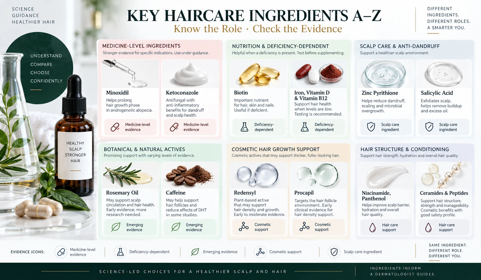 Haircare ingredients A to Z visual index featuring Minoxidil, Biotin, Rosemary Oil, Ketoconazole, Redensyl, Procapil, Caffeine, vitamins, scalp-care and cosmetic ingredients grouped by role and evidence.